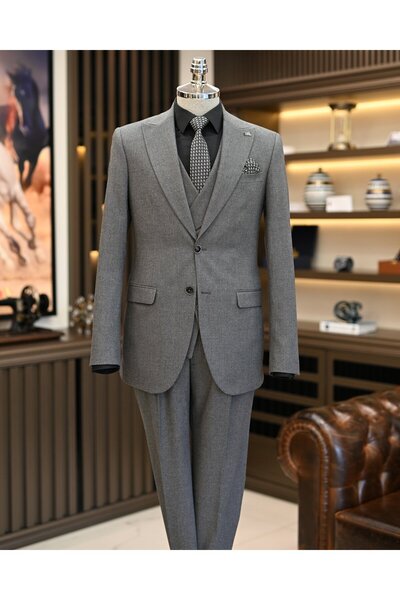 TerziAdemAltun Gray Italian Style Jacket and Vest Pleated Pants Set - T11326