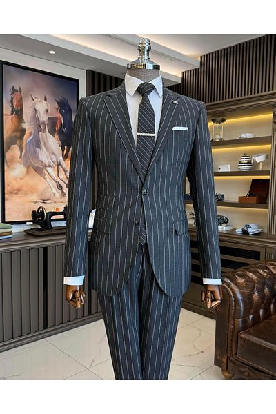 TerziAdemAltun Anthracite Italian Style Slim Fit Striped Jacket and Trousers Set - T11932