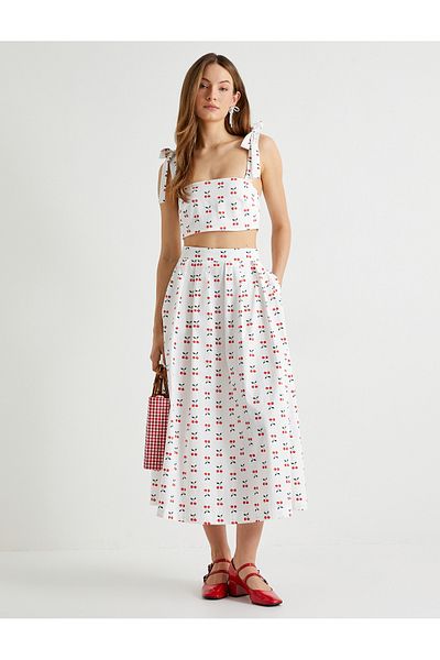 Koton Tuba Unsual - Crop Bustier s třešňovým vzorem s tlustou mašlí a bavlněnými ramínky na zavazování