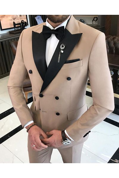 TerziAdemAltun Italian cut slim fit double breasted jacket pants groom suit set camel T9219