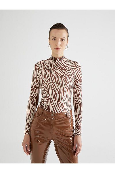 Juste Studio Zebra Pattern Turtleneck Brown Bodysuit