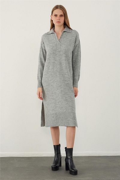 SHERIN Γκρι φόρεμα Polo Neck Basic Midi Knitwear