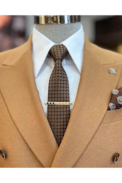 TerziAdemAltun İtalyan stil slim fit kruvaze ceket pantolon takım elbise camel T11360