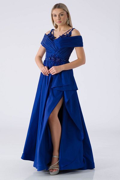 Shecca Taffeta Evening Dress - Long Cape and Embroidered