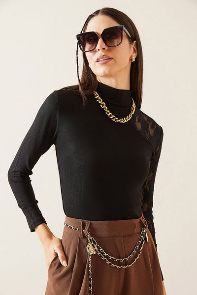XHAN Black Lace Detailed Turtleneck Blouse 5Kxk2-48976-02