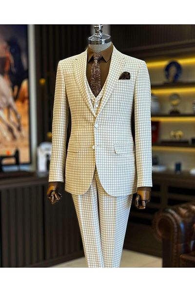 TerziAdemAltun Beige ITalian STyle Slim FiT HoundsTooTh PaTTerned JackeT vesT and Trousers SeT - T12789