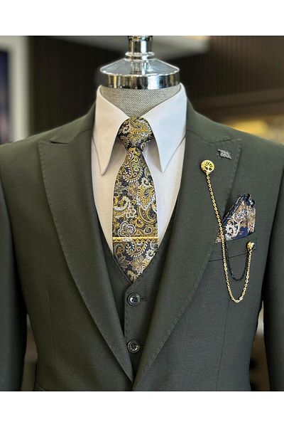 TerziAdemAltun Green Slim Fit Italian Style Patterned Jacket Vest Pants Set - T11488