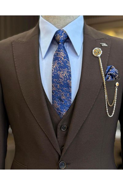 TerziAdemAltun Кафяв Slim Fit италиански костюм - сако, жилетка, панталон T11398