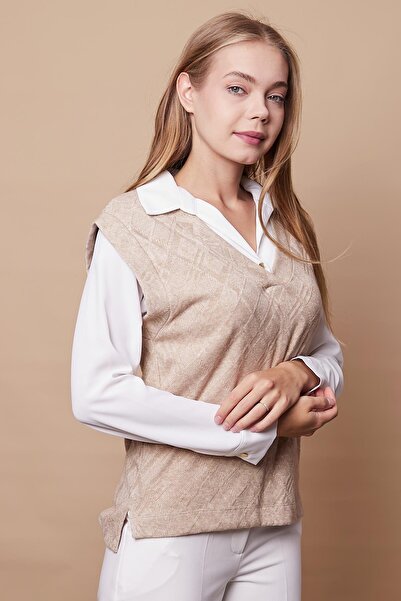 Jument Beige Colored Women's Knitwear Sweater - V-Neck, Soft Texture and Side Slits