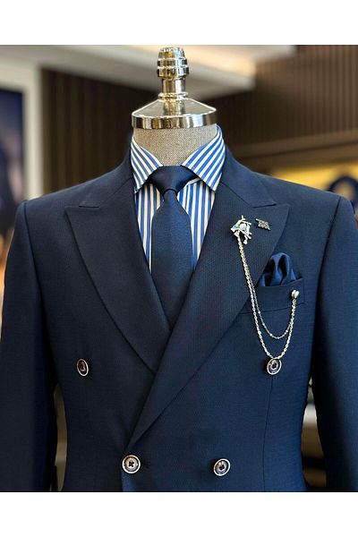 TerziAdemAltun Navy Blue Slim Fit Italian Style Men's Double Breasted Jacket and Pants Set - T12692