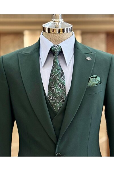 TerziAdemAltun Πράσινο Σετ Παντελόνι Γιλέκο Μπουφάν Ιταλικού Στυλ - T12010