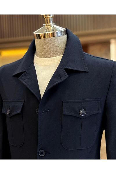 TerziAdemAltun Navy Blue Slim Fit Safari Jacket and Trousers Set - T11958