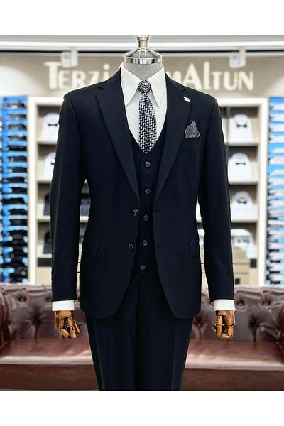 TerziAdemAltun Black Slim Fit 4 Drop Jacket and Vest Pants Set - Italian Style T12090