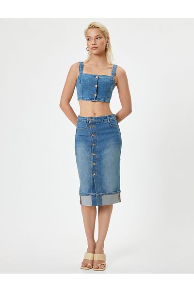 Koton Melis Ağazat - X Denim Crop Bustier pántokkal és gombokkal