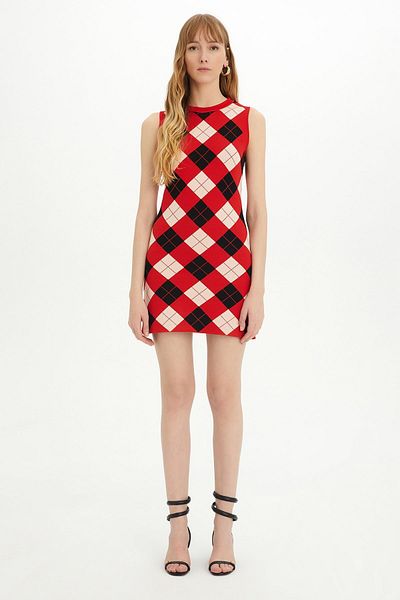 SHERIN Red Diamond Patterned Sleeveless Knitwear Dress
