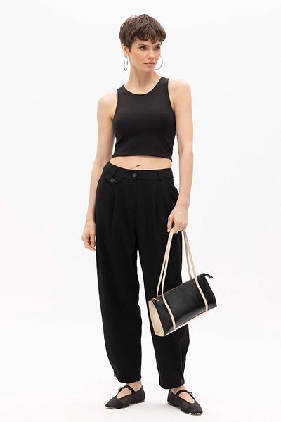 SHERIN Black Button Detailed High Waist Trousers