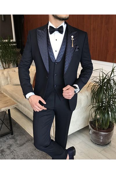 TerziAdemAltun Italian Cut Jacket Vest Trousers Groom Suit Set Navy Blue T7298