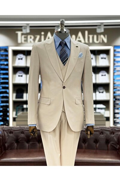TerziAdemAltun طقم بنطلون وسترة وسترة باللون البيج على الطراز الإيطالي - T12578