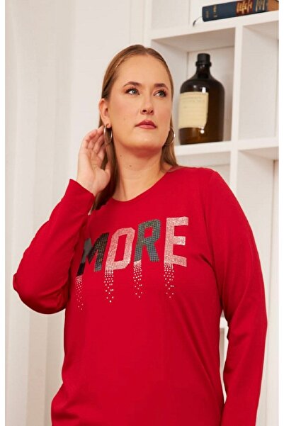 RMG KADIN KOYU KIRMIZI RMG PAMUKLU İKİ İPLİK SIFIR YAKA BÜYÜK BEDEN SWEAT 064...