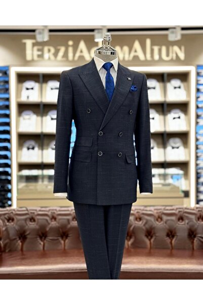 TerziAdemAltun بدلة منقوشة بقصة ضيقة باللون الأزرق الداكن - سترة وسروال مزدوج...