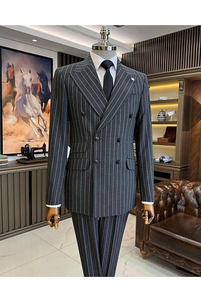 TerziAdemAltun Set de pantaloni și jachetă în dungi în stil italian antracit slim fit - T11934