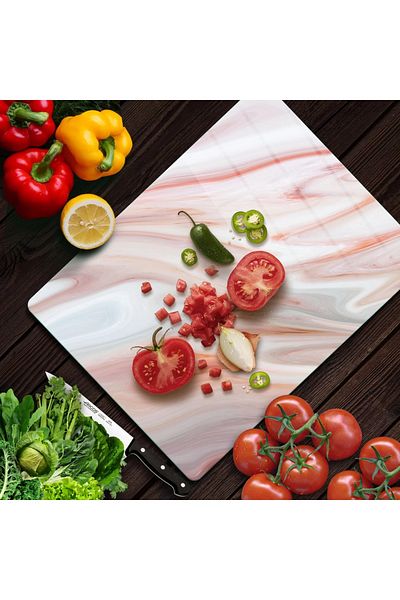 Decovetro Glass Cutting Board and Presentation Holder Red Marble Look 30cm X 40cm