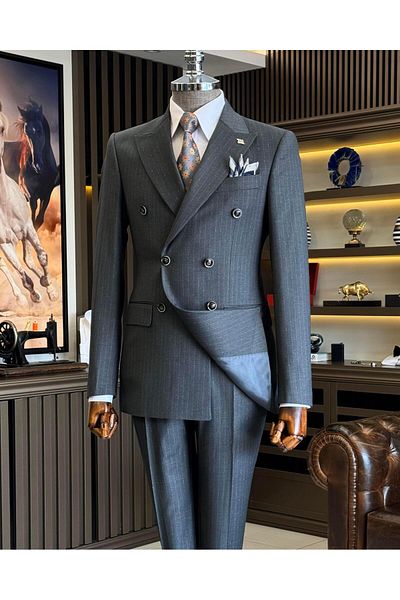 TerziAdemAltun Gray Italian Style Slim Fit Striped Double Breasted Jacket and Pants Set - T12788