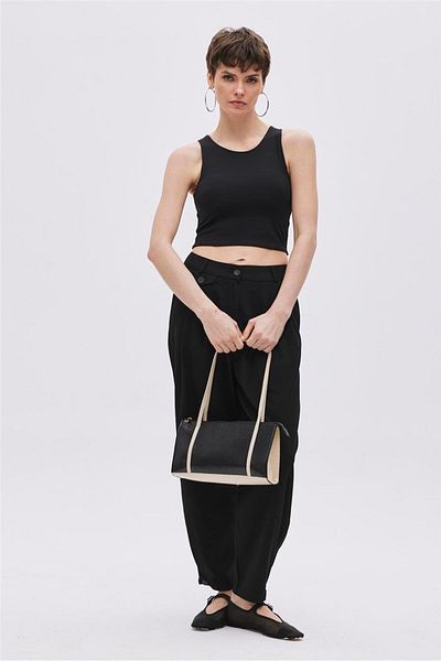 SHERIN Black Button Detailed High Waist Trousers