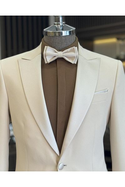 TerziAdemAltun Beige Slim Fit Italian Cut Pointed Collar Jacket and Trousers Set - T11838