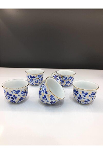 Saray Ottoman handicraft Porselen El Boyama Mırra Fincanı Küçük Çiçekli 6'lı Mavi
