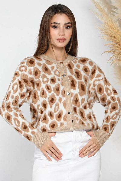 GÜLSELİ Beige Patterned Women's Knitwear Cardigan