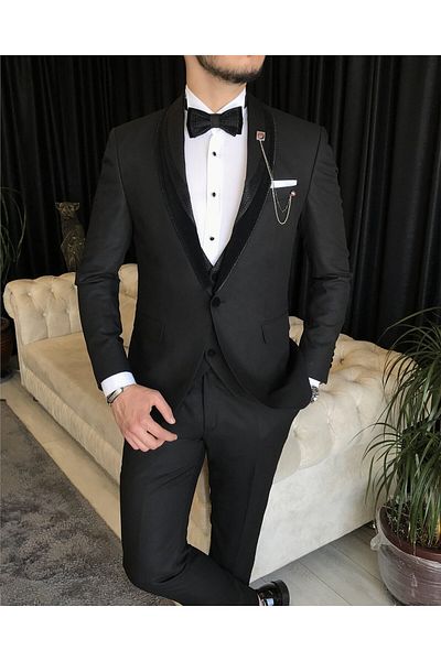 TerziAdemAltun Italian Cut Jacket Vest Pants Groom Suit Set Black T7473