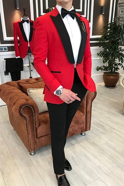 TerziAdemAltun Italian Cut Jacket Pants Shirt Red Groom Suit Set T3561