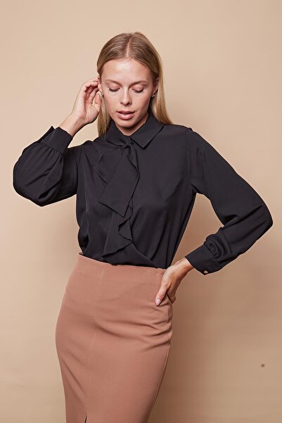 Jument Women's Black Shirt Blouse - Stylish Fabric, Collared Flywheel, Long Sleeve