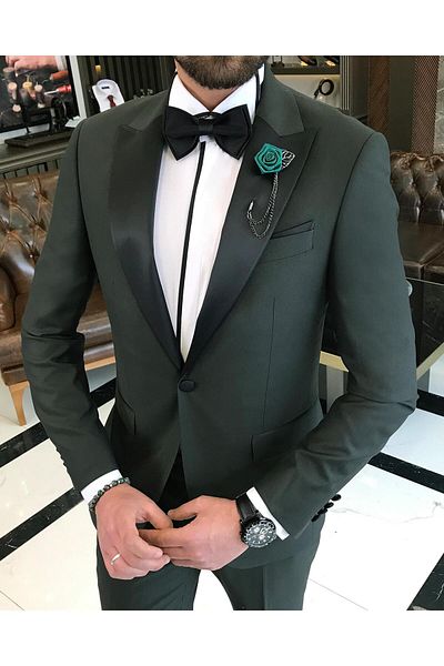 TerziAdemAltun Italian Cut Slim Fit Pointed Collar Jacket Trousers Groom Suit Set Green T9189