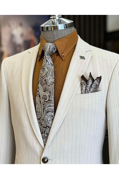 TerziAdemAltun Beige Italian Style Slim Fit Striped Jacket and Tie-Up Waist Trousers Set - T11811