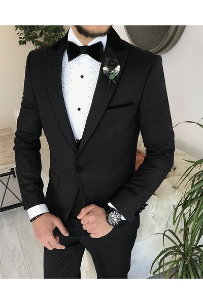 TerziAdemAltun Black Slim Fit Italian Cut Jacket and Vest Pants Set - Groom Suit T8240