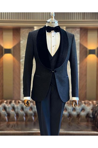 TerziAdemAltun Black Slim Fit Shawl Collar Jacket and Vest Pants Set - T12573