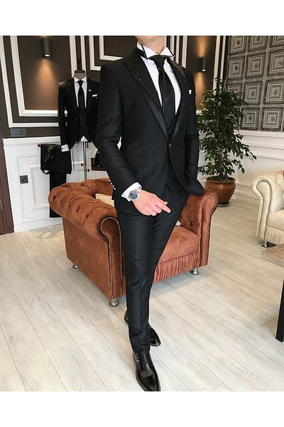 TerziAdemAltun Italian Style Jacket Vest Trousers Black Dobby Groom Suit Set T3746