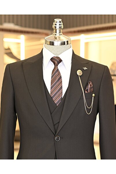 TerziAdemAltun İtalyan stil ceket yelek pileli pantolon takım elbise kahverengi T11314