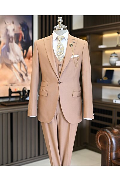 TerziAdemAltun İtalyan stil slim fit ceket yelek pantolon takım elbise camel T11606