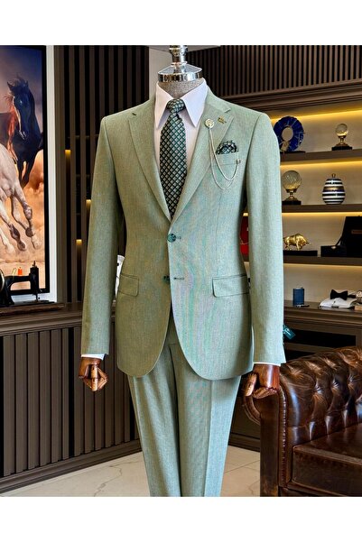 TerziAdemAltun طقم جاكيت وبنطلون رجالي باللون الأخضر بقصة ضيقة على الطراز الإ...