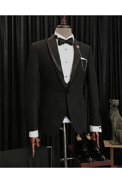 TerziAdemAltun Italian Cut Jacket Vest Pants Groom Suit Set Black T7239