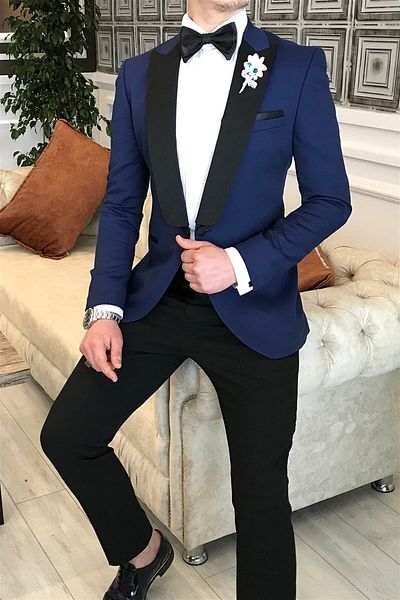 TerziAdemAltun Italian Cut Jacket Trousers Shirt Navy Blue Groom Suit T3565