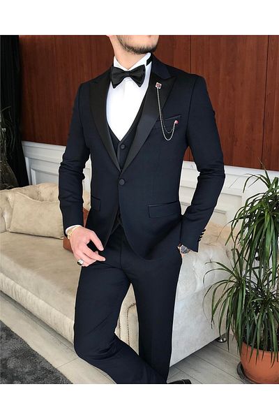TerziAdemAltun Italian Cut Men's Jacket Vest Trousers Groom Suit Set Navy Blue T7061