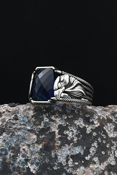 Prestige Kartal Figürlü 925 Ayar Gümüş Erkek Yüzüğü Lacivert Zirkon Taşlı 901230