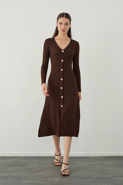SHERIN Brown V-Neck Midi Knitwear Dress