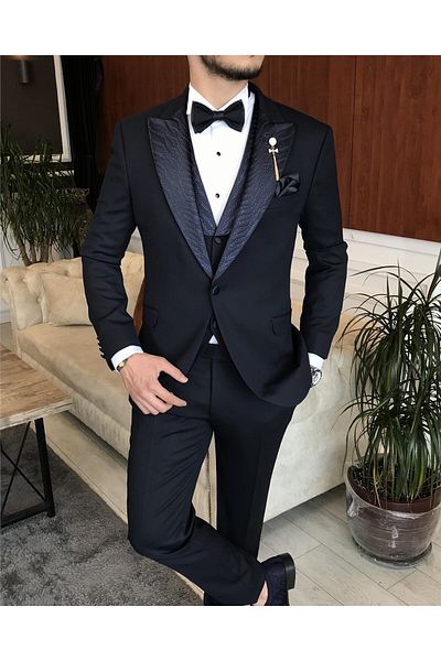 TerziAdemAltun Italian Cut Jacket Vest Trousers Groom Suit Set Navy Blue T7298