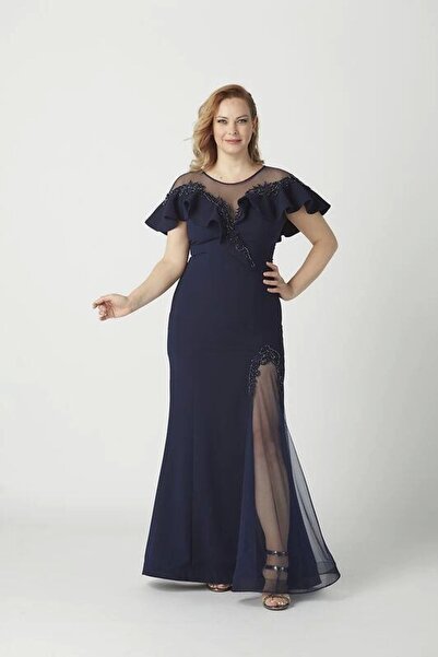 Moda Berray 21923 فستان سهرة أنيق ومطرز باللون الأزرق الداكن مقاس كبير