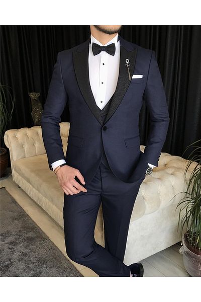 TerziAdemAltun Italian Cut Jacket Vest Trousers Groom Suit Set Navy Blue T7468